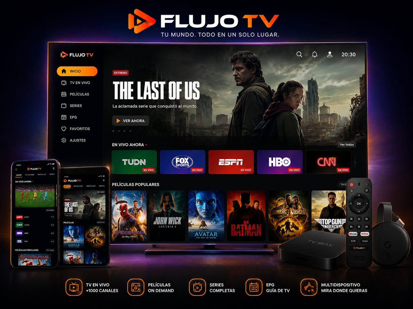 Flujo TV Premium en Smart TV, Android TV, TV Box, iPhone y PC